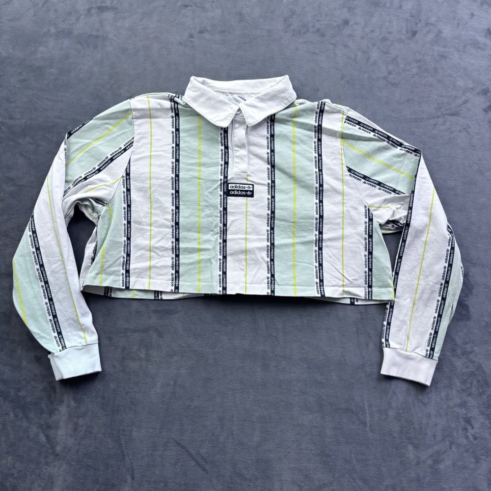 Adidas Originals Cropped Rugby Shirt Mint Green White Striped Logo Tape Medium